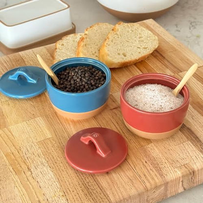Mora Ceramic Salt and Pepper Cellar Set with Lid - 10 oz Modern Canister/Container/Bowl for Storage, Sea Salt, Spice, Sugar, Countertop - Small Dish/Jar with Wood Spoon, Azure Blue & Crimson Red Crock - color: Azure Blue & Crimson Red