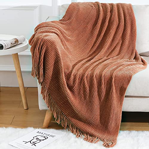 Blagic Knitted Throw Blanket for Couch Soft Farmhouse Boho Throw Blanket with Tassels Home Decorative Lightweight Throw Blankets,Maple Brown Throws for Bed/Chair/Sofa, Stripe Textured,50" W x 60" L - color: E-orange Rust, size: 50 × 60 in