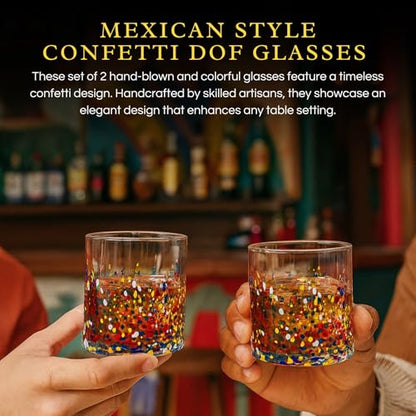 Large Confetti DOF Glasses – Set of 2-11oz Luxury Hand Blown Confetti Whiskey, Margarita, Martini, Cocktails, Water, Wine, Dessert & Champagne Glasses Cinco de Mayo, Hand Blown - Mexican Water Glass - style: Mexican Confetti Water Glass