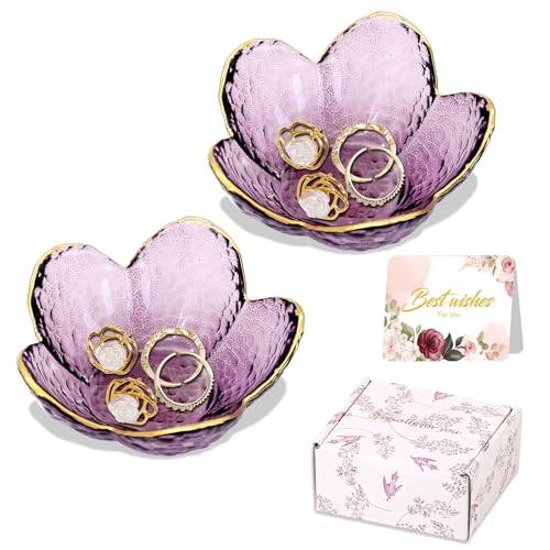 Gifts for Women Purple Flower Jewelry Dish Glass Ring Holder Decorative Jewelry Tray Cute Vanity Room Decor Aesthetic Nightstand Bathroom Decor Trinket Dish Friendship Christmas Birthday Gifts (2pcs) - color: 2 Pcs Flower Purple