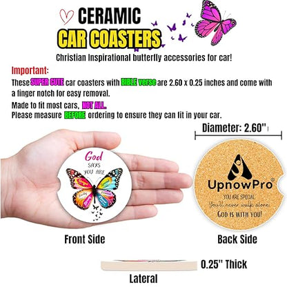 Christian Car Coasters for Cup Holders - 2 Pack Cute Butterfly Bible Verses Car Accessories for Women, Inspirational Faith Decor, Absorbent Ceramic Cup Holder Coaster for Car, Scripture Religious Gift