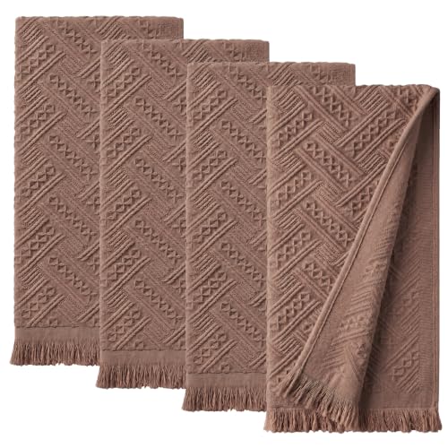 4-Pack Brown Luxury Decorative Bathroom Hand Towels – 13"x29.1" Boho Bath Hand Towels Set with Jacquard Weave & Fringe, Cotton Absorbent Soft Face Towels for Kitchen/Bathroom/Farmhouse - color: Brown