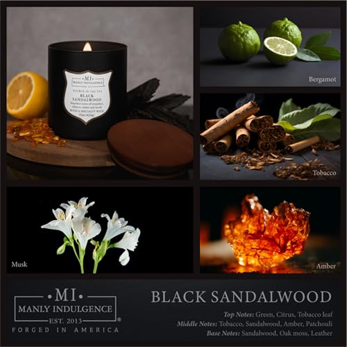 Manly Indulgence Black Sandalwood Scented Candle for Men 15 oz – Bergamot, Tobacco, Amber & Musk - Wood Wick - Up to 60 Hours Burn - Soy Blend Wax, USA Poured – Signature Collection - color: Black Sandalwood