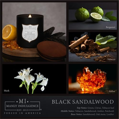 Manly Indulgence Black Sandalwood Scented Candle for Men 15 oz – Bergamot, Tobacco, Amber & Musk - Wood Wick - Up to 60 Hours Burn - Soy Blend Wax, USA Poured – Signature Collection - color: Black Sandalwood