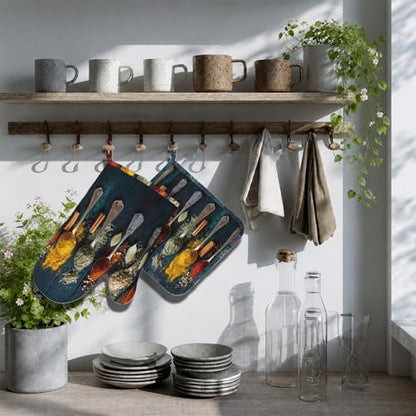Various Herbs and Spices Oven Mitts and Pot Holders Sets Non-Slip Silicone Surface for BBQ Gloves,Kitchen,Cooking,Baking,Grilling - color: Various Herbs and Spices