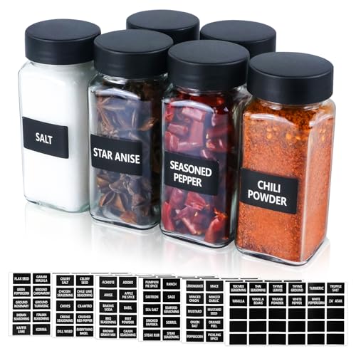 6 Spice Jars with Labels,4oz Empty Glass Spice Containers with Shaker Lids,Square Seasoning Bottles for Spice Rack, Drawer, Cabinet (6)