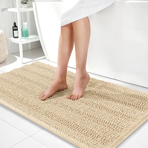 OLANLY Thick Bathroom Runner Rugs 44x24, Soft Chenille Bath Rugs, Beige | Absorbent Striped, Rubber Backing, Machine Wash, Long Bath Mats for Bathroom Floor, Tub and Shower, Home Decor Accessories - color: Beige, size: 44" X 24"