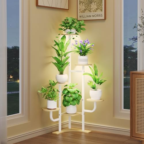 Corner Plant Stand with Grow Light - 6 Tier Plant Stand Indoor Round Metal Plant Shelf with Adjustable Light, Plant Organizer for Living Room, Garden, Home Decor, Maple - color: Round-Maple-with Lights