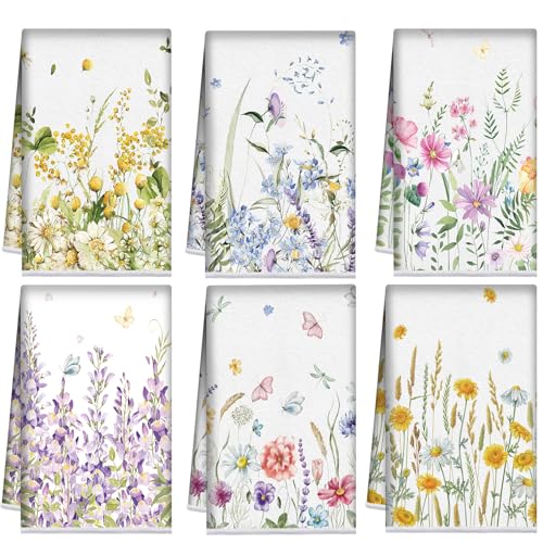 Redbaker 6 Pcs Wildflower Kitchen Towels Floral Butterfly Dish Cloth Set | Botanical Dish Towel Set, Lavender Sunflower Daisy Design, Hand Towels for Kitchen Decor, Quick Drying, Housewarming Gift - style: Flower