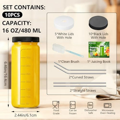 Ruckae 16oz 10 Pack Juice Bottles, Glass Bottles with Lids, Smoothie Cup Lids and Straws, Water Bottle Mason Jar Drinking Glasses for Juicing, Smoothies, Kombucha - color: Transparent, size: 16oz-10pack