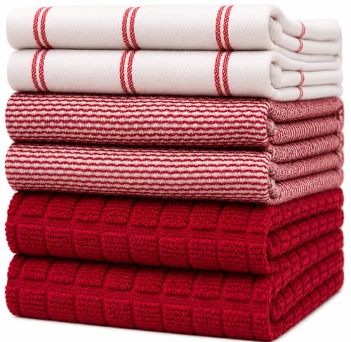 Premium Kitchen Towels 6 Pack 100% Cotton, 20"x28" Dish Towels - Red Check | Large Flat & Terry Kitchen Linen Set with Hanging Loops, Highly Absorbent for Washing and Drying Dishes - color: Red Check, size: Kitchen Towels - Mixed Styles