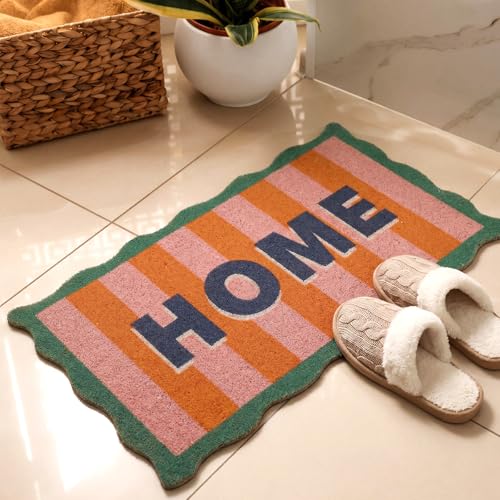 Scalloped Coir Welcome Doormat, 16 x 28 Inch Entrance Mat,Stripe,Classic | Cute Door Mat Decorative Non Slip, Heavy Duty Natural Coir Rug for Front Door, Porch, Patio, Garage
