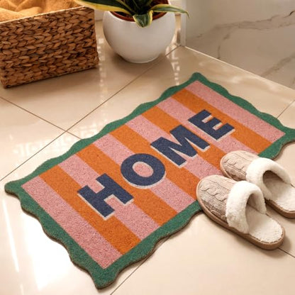 Scalloped Coir Welcome Doormat, 16 x 28 Inch Entrance Mat,Stripe,Classic | Cute Door Mat Decorative Non Slip, Heavy Duty Natural Coir Rug for Front Door, Porch, Patio, Garage