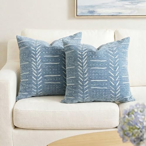 Coastal Blue Decorative Throw Pillow Covers 20x20 Set of 2, Soft Woven Chenille Accent Pillow Covers for Couch Sofa Bed, Textured Farmhouse Cushion Covers for Living Room - color: Coastal Blue, size: 20" x 20" (Pack of 2)