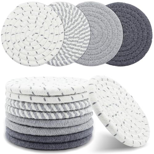 8 Pcs Drink Coasters, Minimalist Cotton Woven Coaster Set, 4 Colors Absorbent Coaster Protection Protection for Various Cups, Ideal for Coffee Tables and Home Decor Tabletop, 4.3 Inches - color: Grey-1
