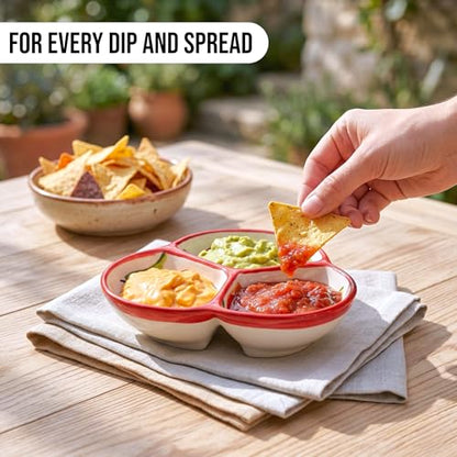3-Compartment Ceramic Serving Dish, Handmade in Spain | 7.5” divided chip and dip bowl with lead-free glaze, microwave, oven and dishwasher safe, ideal for tapas, snacks and sauces - color: Cherry Bliss