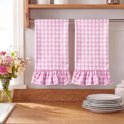 HunnmingRe Hot Pink Kitchen Towels Set of 2, 100% Cotton Ruffled Gingham Dish Towels 18"x28" Absorbent Tea Cloths Classic Plaid Pattern for Farmhouse Charm, Drying Dishes, Entertaining Guests - color: Hot Pink, style: Gingham