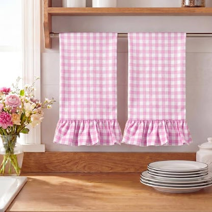 HunnmingRe Hot Pink Kitchen Towels Set of 2, 100% Cotton Ruffled Gingham Dish Towels 18"x28" Absorbent Tea Cloths Classic Plaid Pattern for Farmhouse Charm, Drying Dishes, Entertaining Guests - color: Hot Pink, style: Gingham