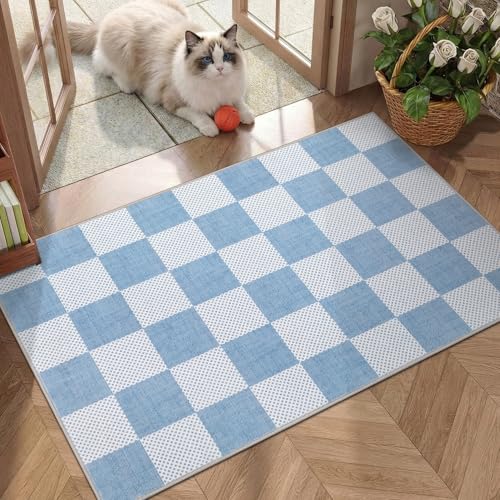 GarveeHome Checkered Blue 2x6 Washable Kitchen Runner Rug Low-Pile Entryway | Light Blue Small Area Rug for Hallway Bedroom Bathroom Non-Slip Stain Resistant Geometric Rugs TPE Backing - color: Light Blue, size: 2' x 6' (Rectangular)