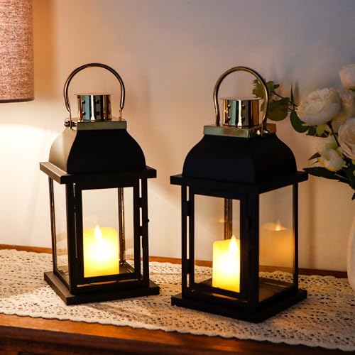Set of 2 Decorative Candle Lantern 10'' High Black Hanging Candle Holder Metal Vintage Lantern Decor with Tempered Glass for Indoor Outdoor Home Table Patio Wedding