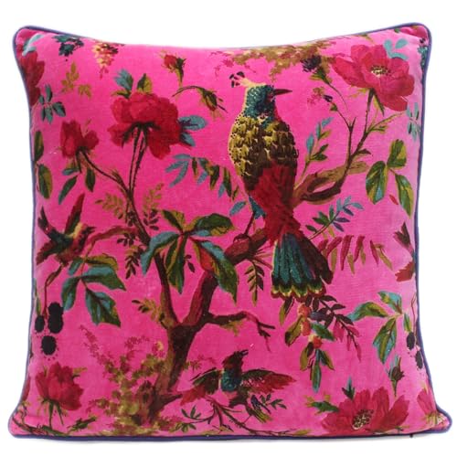 Velvet Floral Flower Bird Throw Pillow Sofa Cushion Cover Case Couch Colorful Boho Chic Bohemian Accent Indian Handmade (Pink, 16" x 16") - color: Pink, size: 16" x 16" (Pack of 1)