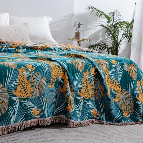 100% Cotton Muslin Throw Blanket 60''x80'', Soft Breathable Lightweight, All-Season Reversible Bohemian Tropical Safari Leopard Animal Print Bedspread Coverlet, Fringed Teal Jungle Bed Throw - color: Orange Leopards, size: 60"x80"