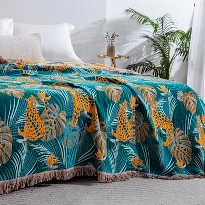 100% Cotton Muslin Throw Blanket 60''x80'', Soft Breathable Lightweight, All-Season Reversible Bohemian Tropical Safari Leopard Animal Print Bedspread Coverlet, Fringed Teal Jungle Bed Throw - color: Orange Leopards, size: 60"x80"