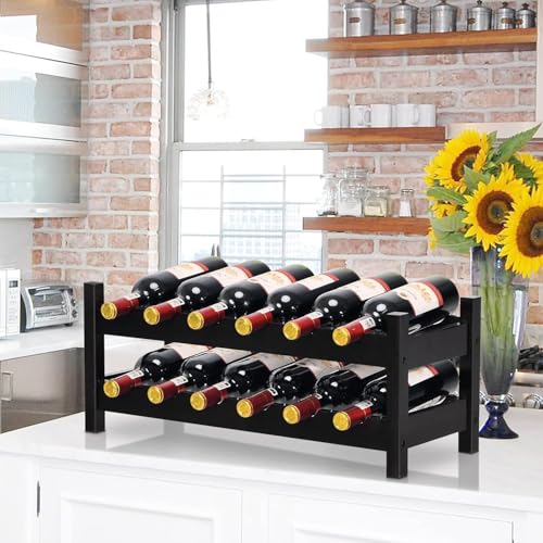 COSTWAY 12 Bottles Wine Rack Countertop, Bamboo Wine Holder, Brown | 2-Tier Freestanding Wine Storage Shelf for Home, Kitchen, Bar, Pantry, Wine Cellar, Easy-Assembly (24.5L x 9.5W x 10H) - color: Brown, size: 24” x 9.5” x 10” (L x W x H)