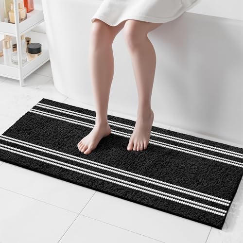Tyrot Bathroom Runner Rugs Non Slip Washable 24x47, Ultra Soft Super Absorbent Bath Rugs for Bathroom Floor, Shaggy Chenille Bath Rug, Microfiber Plush Quick Dry Bath Mat for Bathtub, Hallway, Black - color: Black, size: 24''x47''