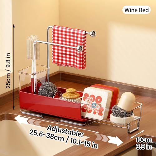 Expandable Kitchen Sink Caddy 25-38cm, 360° Rotating Sponge Holder & Brush | Red, large, stretchable 25-38cm. Side brush holder, triple drainage, rust-proof. Ideal for sponge & kitchen sink accessories. - color: Red