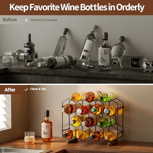 Nuovoware Countertop Wine Rack, 14-Bottle, 3 Tier, Black+Brown | Wine Bottle Organizer Storage, Freestanding Modern Carbon Steel Holder, Hexagonal Structure, for Cabinet, Pantry
