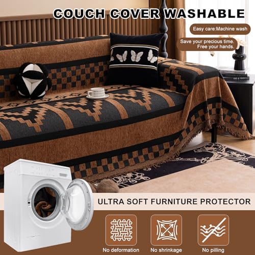 ROOMLIFE Dark Brown Couch Cover 3 Cushion Sofa, Washable Non Slip Furniture Sofa Protector Cover, Soft Chenille Sofa Slipcovers Sectional L Shape Dogs Couch Cover Throw Blanket with Tassels71''X118'' - color: Yd#brown, size: Large（71*118IN）