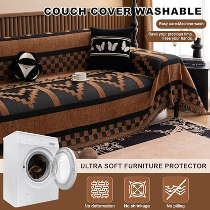 ROOMLIFE Dark Brown Couch Cover 3 Cushion Sofa, Washable Non Slip Furniture Sofa Protector Cover, Soft Chenille Sofa Slipcovers Sectional L Shape Dogs Couch Cover Throw Blanket with Tassels71''X118'' - color: Yd#brown, size: Large（71*118IN）