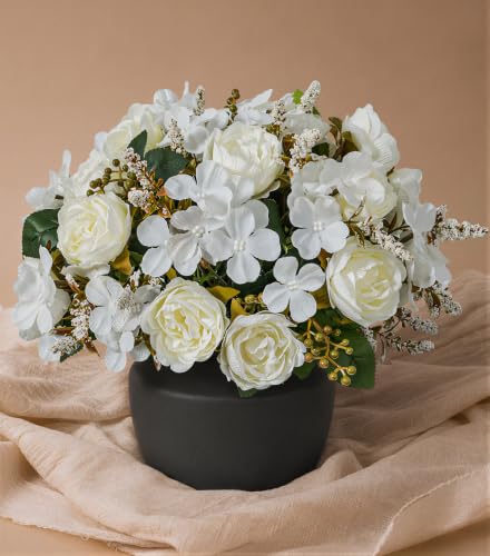Artificial Flowers with Vase, Silk Rose Flower Arrangement with Ceramic Vase, Fake Flowers in Vase for Home Decor, Small Flower Vase for Table, Shelf, Living Room and Dining Room - color: White