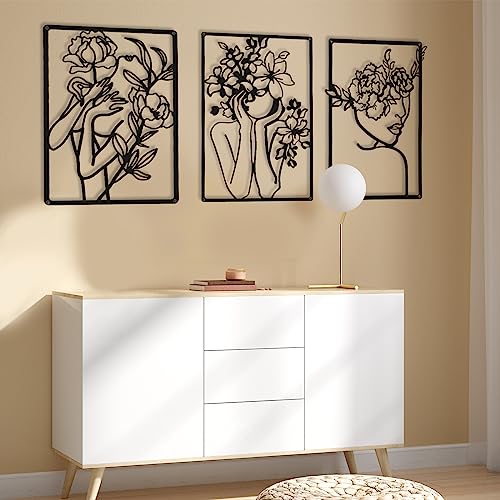 CHENGU 3 Pieces Metal Minimalist Abstract Woman Wall Art Line Drawing Wall Art Decor Single Line Female Home Hanging for Kitchen Bathroom Living Room - style: Classic