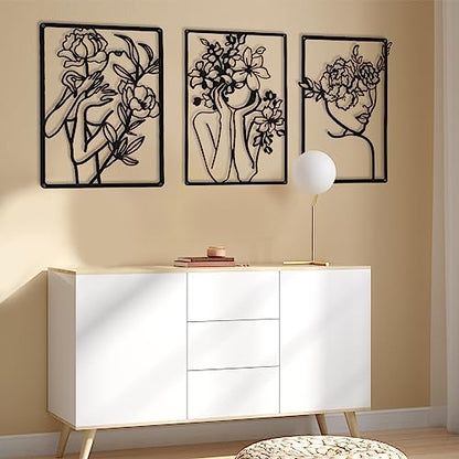 CHENGU 3 Pieces Metal Minimalist Abstract Woman Wall Art Line Drawing Wall Art Decor Single Line Female Home Hanging for Kitchen Bathroom Living Room - style: Classic