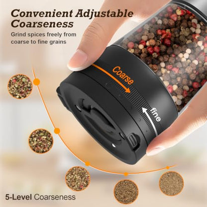 Flelano Electric Salt & Pepper Grinder Set, 2-Speed Setting, Stainless Steel Rechargeable Automatic Pepper Mill Shakers, Charging Base 100ml Capacity External Adjustable Coarseness LED Light,Black - color: Black