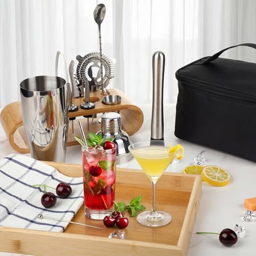 16 Pcs Bartender Kit Bag with Stand Portable Cocktail Shaker Set, 25oz Stainless Steel Barware Kit with Jigger, Strainer, Spoon, Ice Tongs, Gift for Cocktail Lover Travel