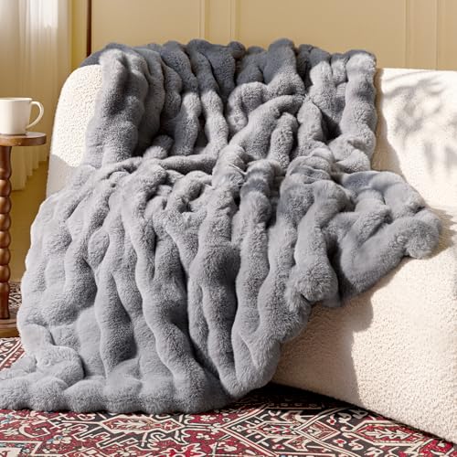 Ultra Soft Cozy Faux Fur Throw Blanket, Fuzzy Plush Thick Bubble Blanket, Oversize Luxury Fluffy Blanket for Couch, Bed, and Living Room, 50x60 Inches, Light Grey - color: Bubble Light Grey, size: Throw