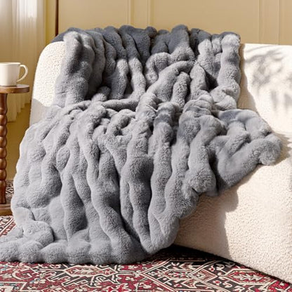 Ultra Soft Cozy Faux Fur Throw Blanket, Fuzzy Plush Thick Bubble Blanket, Oversize Luxury Fluffy Blanket for Couch, Bed, and Living Room, 50x60 Inches, Light Grey - color: Bubble Light Grey, size: Throw