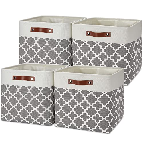 Temary 13ﾗ13ﾗ13 Foldable Storage Cube Baskets Fabric Cube Storage Basket for Organizing Cloth Storage Bins with Leather Handles for Gifts Empty, Closet (Grey Lattice) - color: Grey Lattice, size: 13 x 13 x 13