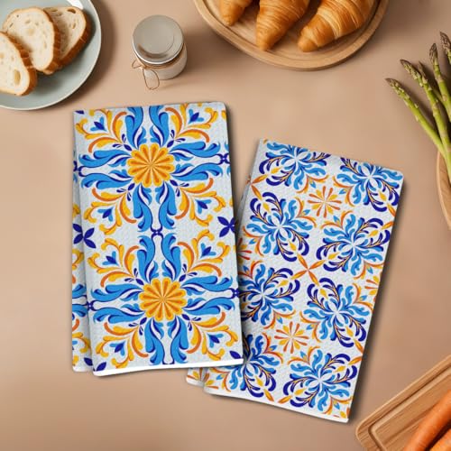 2 Pcs Kitchen Towels 14x24 Inch, Vintage Floral Tile Absorbent Microfiber Decorative Dish Cloth Tea Towel, Waffle Hand Towels for Home Kitchen Bathroom, Housewarming Gifts for Women Friend - color: Lcs Multicolor 02577