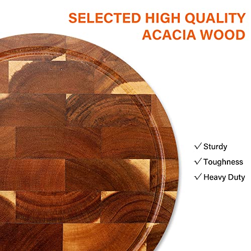 End Grain Butcher Block Round 12 IN, Premium Acacia Wood Cutting Board with Juice Groove, TJ POP Medium Chopping Board for Kitchen, 1 IN Thick - color: End grain-round
