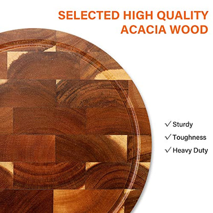 End Grain Butcher Block Round 12 IN, Premium Acacia Wood Cutting Board with Juice Groove, TJ POP Medium Chopping Board for Kitchen, 1 IN Thick - color: End grain-round