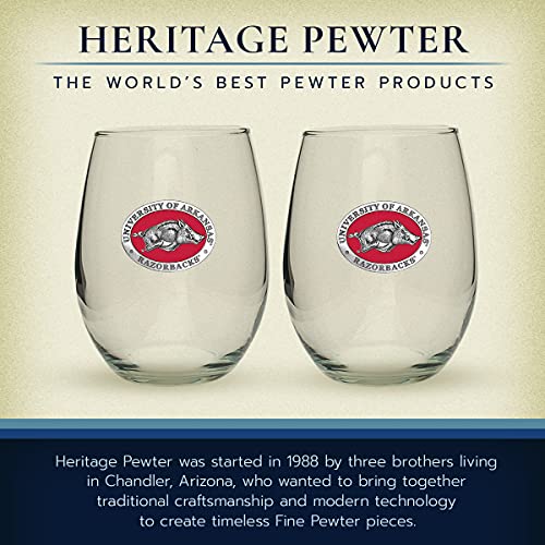Heritage Pewter Arkansas Razorbacks Stemless Glass Goblets – Set of 2 | 15 OZ Goblet Wine Glasses | Expertly Crafted Pewter Glass - style: ARKANSAS RED