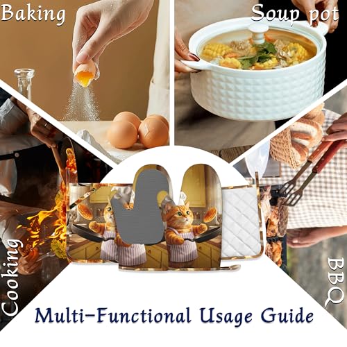 Cat Chef Pot Holders and Oven Mitts Set Silicone Funny Cats Cooking Kitchen Gloves Potholders Heat Resistant Washable,Chef Cooking Baking Gifts for Women Men Bakers Lover Cooks - color: Cat Chef,funny Cats Cooking