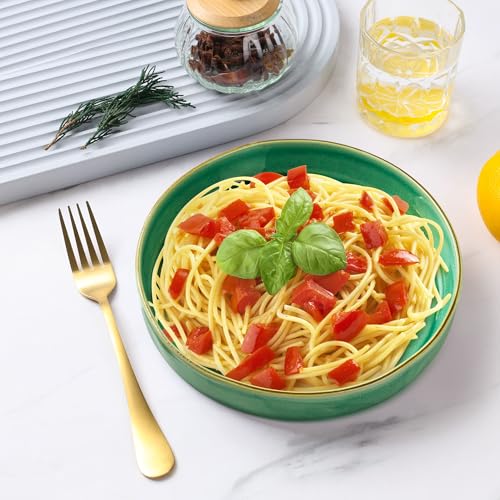 E-far Pasta Bowls Set of 4, 30oz Shallow Salad Bowls for Dinner Serving, 8.25" Stoneware Ceramic Bowl Plates for Noodle Soup, Microwave & Dishwasher Safe, Reactive Glaze, Green - color: Green