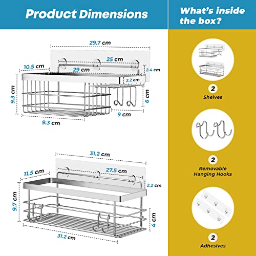KESOL Shower Caddy and Soap Dish Holder with Hooks, Rust Resistant, 2 Pack | Shower Shelf Organizer, No Drilling Adhesive Wall Mounted Bathroom Shelf, Stainless Steel, Silver
