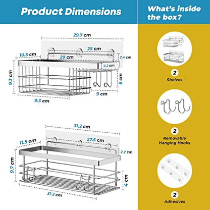 KESOL Shower Caddy and Soap Dish Holder with Hooks, Rust Resistant, 2 Pack | Shower Shelf Organizer, No Drilling Adhesive Wall Mounted Bathroom Shelf, Stainless Steel, Silver