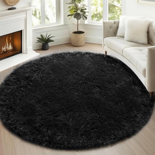 Black Round Area Rugs 5ft, Soft Bedroom Circle Rug Floor Mats for Kids Girls Boys Teen Room, Fluffy Plush Shaggy Carpet for Baby Nursery Living Room Playroom Dorm Home Decor - color: Black, size: 5' (Round)